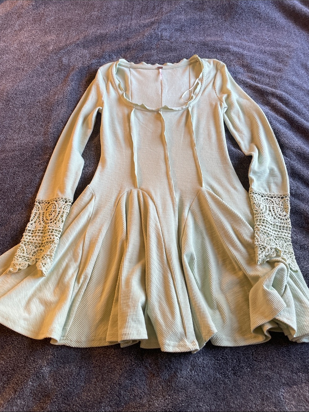 Free People Sage Green Ribbed Swing Dress with Crochet Bell Sleeves